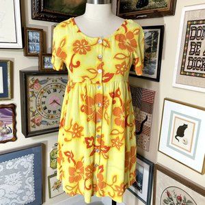 90s Vintage Big Hed Designs Yellow and Orange Hawaiian Floral Short Sleeve Dress